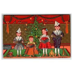 1908 Vintage Christmas Postcard Children Caroling Under Tree P Sander